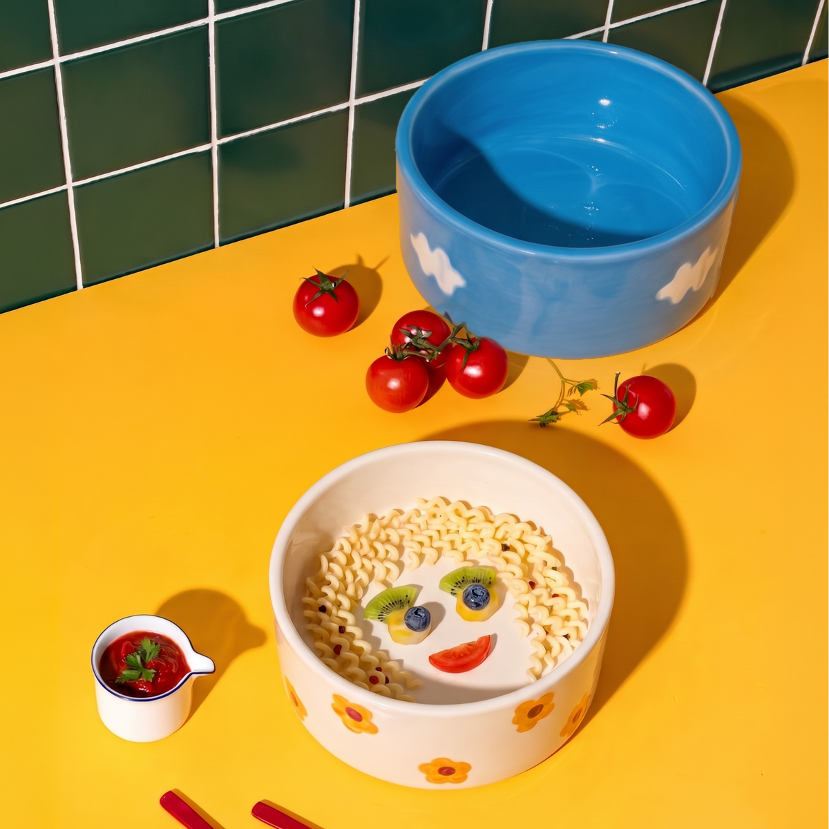 A styled flat-lay of two ceramic bowls on a bright yellow surface. The foreground bowl is cream with yellow flower and blue butterfly motifs, containing pasta arranged as a face with fruit pieces.