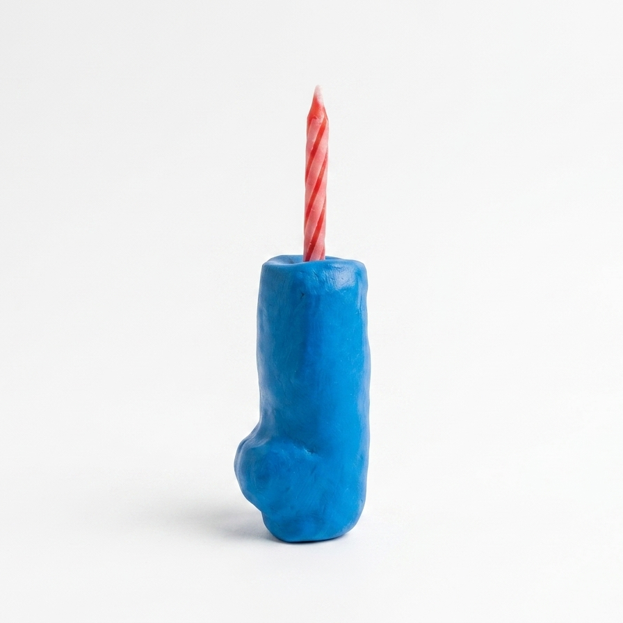 A blue novelty candle holder shaped like a torso, with a red and white striped candle inserted into the top, set against a plain white background.
