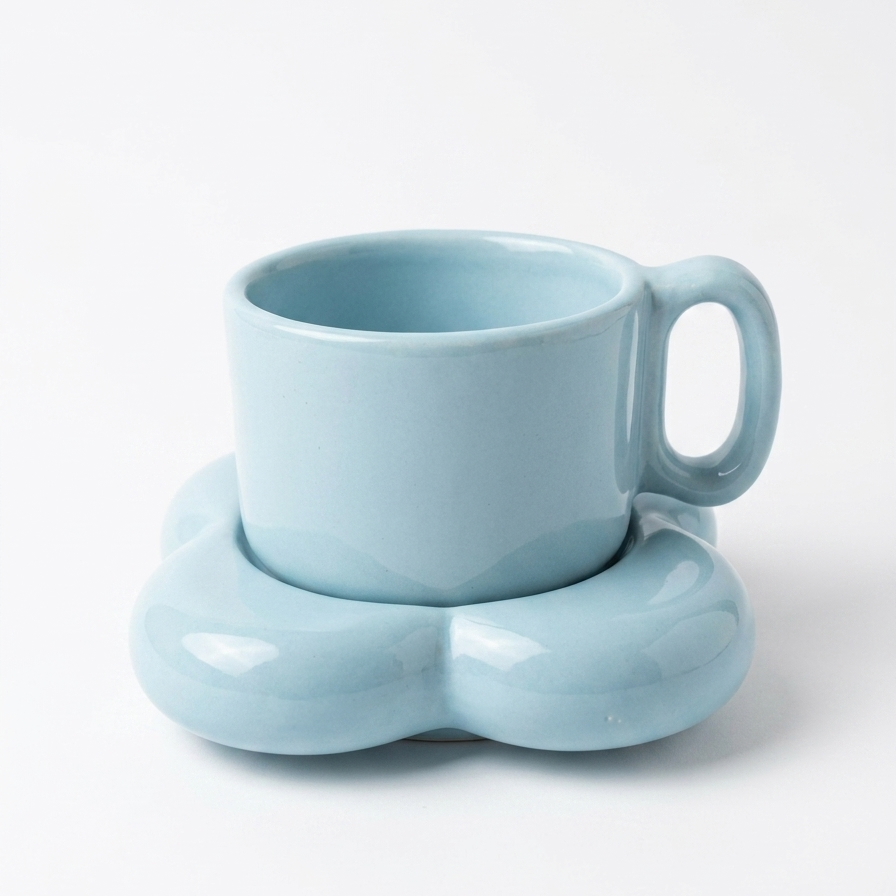 A light blue ceramic mug with a matching flower-shaped saucer, photographed on a clean white background.