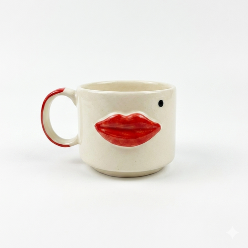 White mug with red lips design on a white background