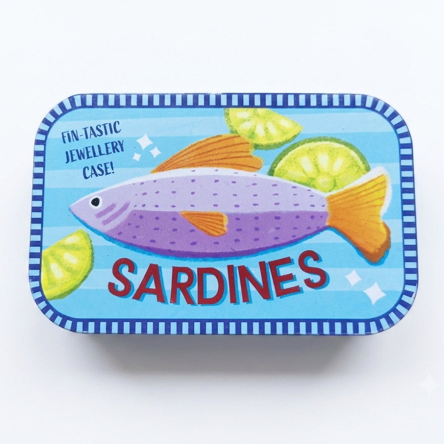 A novelty jewelry case designed to look like a sardine tin, featuring a colorful illustration of a purple and orange sardine on a light blue background with the word 'SARDINES' in red. The case is photographed on a clean white background.