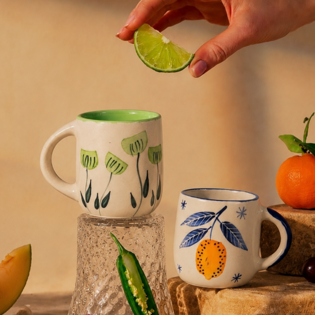 Two hand painted mugs in warm background