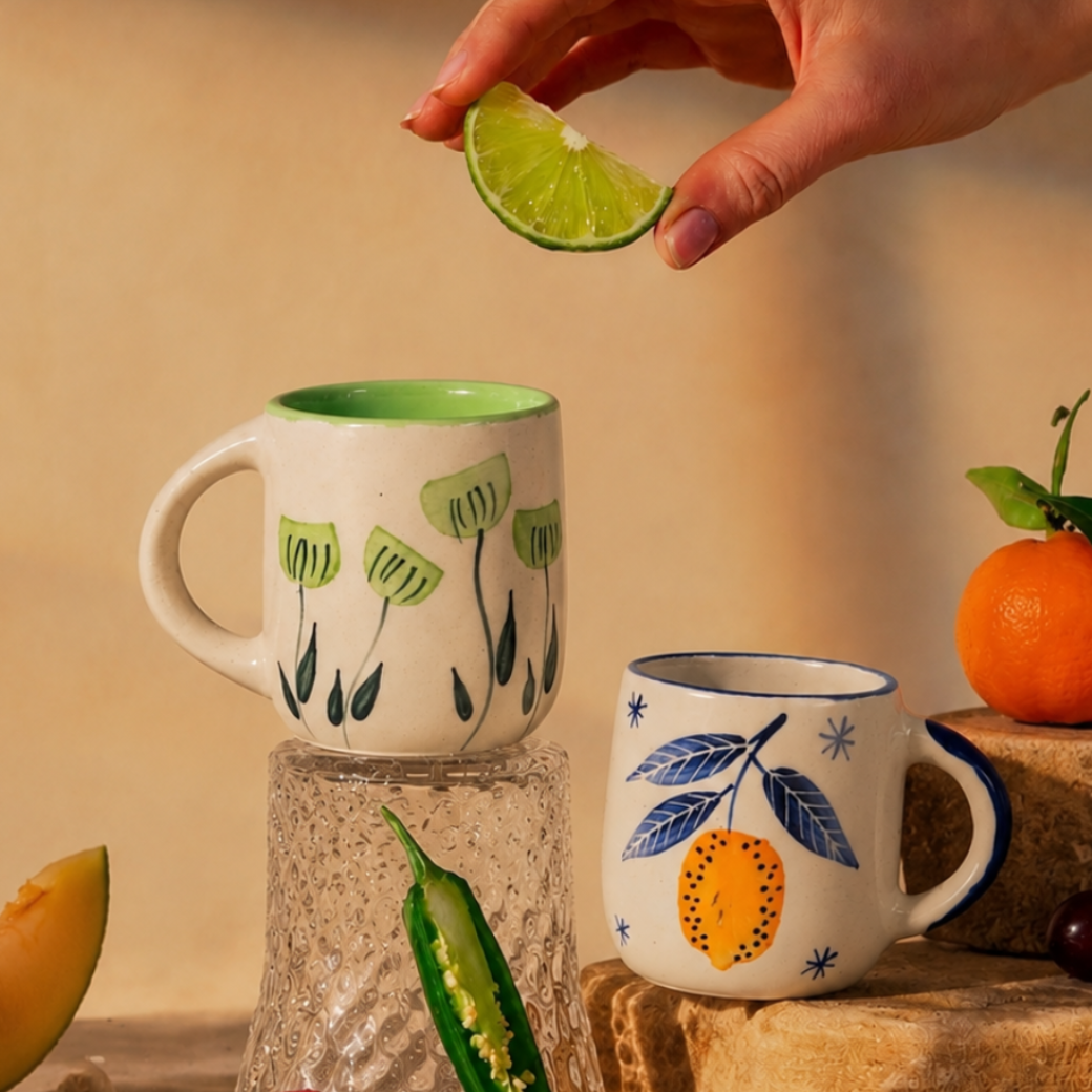 Two hand painted mugs in warm background