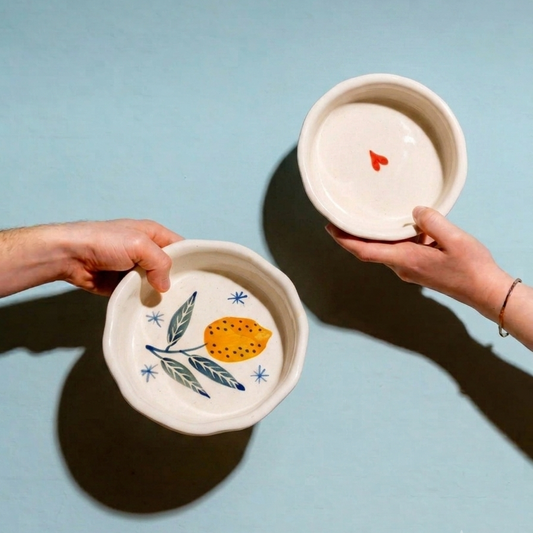 Two hands holding ceramic bowls with decorative designs on a light blue background