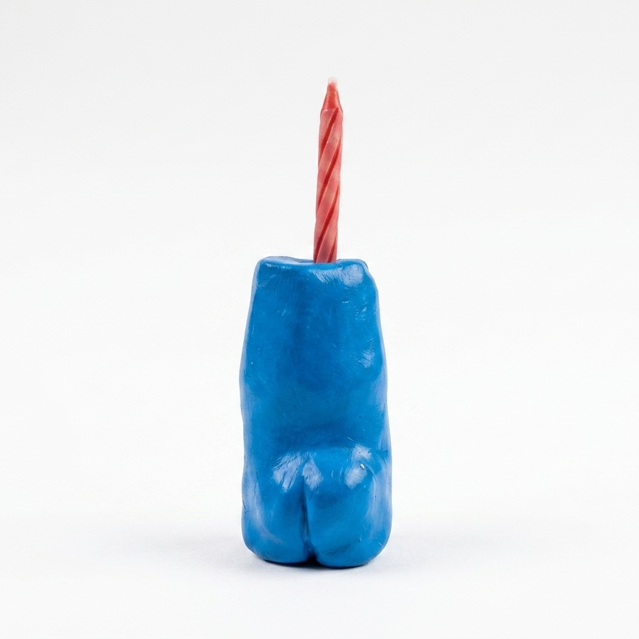 A small sculptural blue candle holder shaped like a torso, with a red-and-white striped candle inserted into the top, photographed on a plain white background.