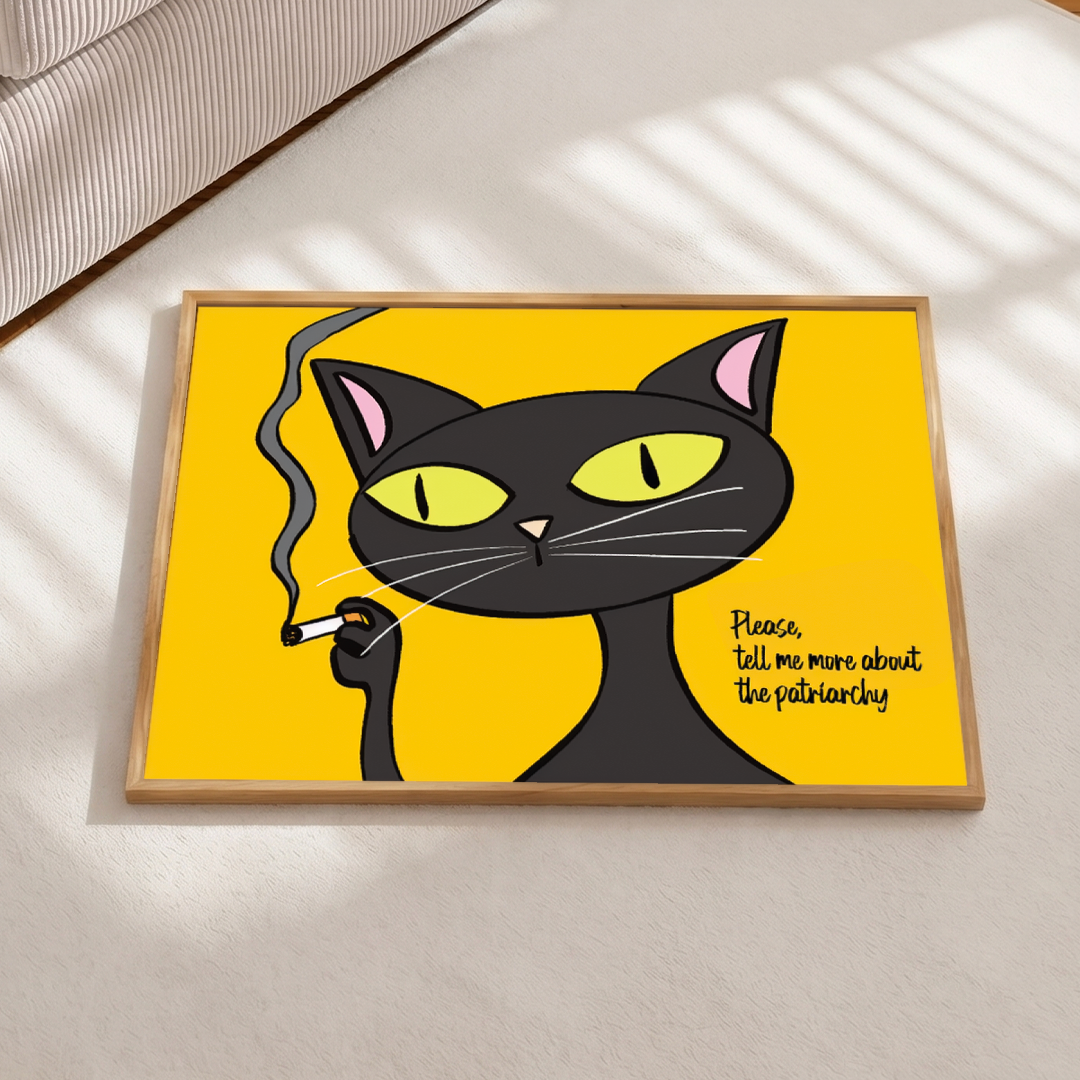 Framed artwork of a black cat with yellow eyes holding a cigarette on a yellow background.