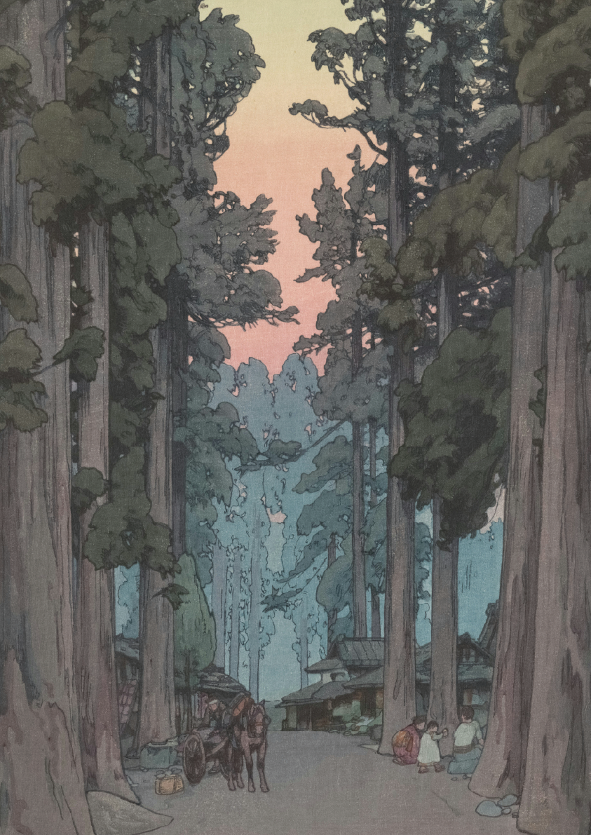 Woodcut-style illustration of a forest path with people and a horse at sunset.