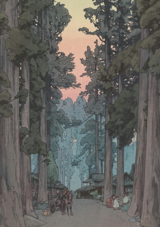 Woodcut-style illustration of a forest path with people and a horse at sunset.
