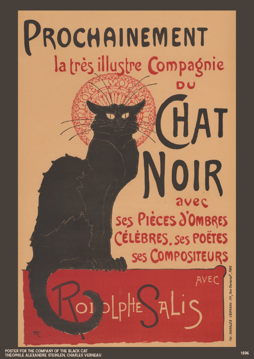 Vintage-style poster featuring a black cat with text in French on a beige background