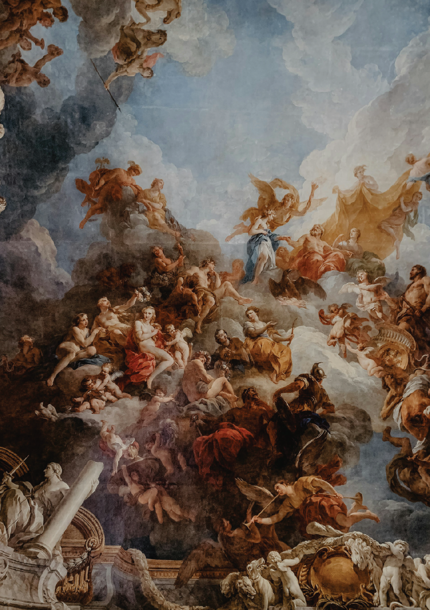 Ornate painting with classical figures and mythological elements
