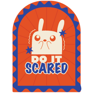 Sticker with illustrated character with 'Do It Scared' text on an orange and blue background