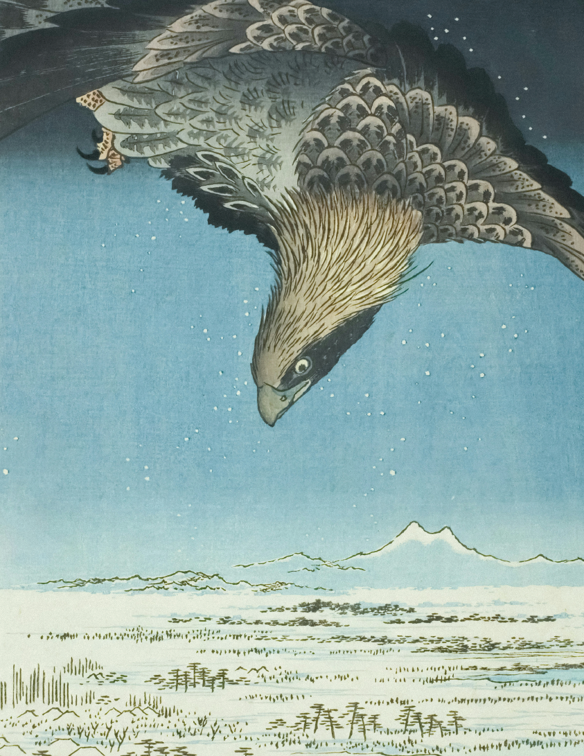 Woodblock print of a bird flying over a landscape with Mount Fuji in the background