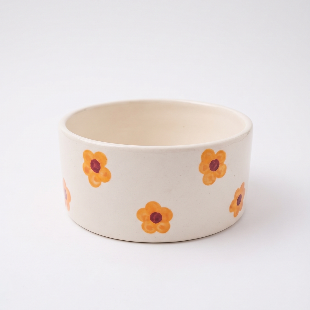 An off-white ceramic bowl decorated with a pattern of small orange flowers with dark red centers, set against a clean white background.
