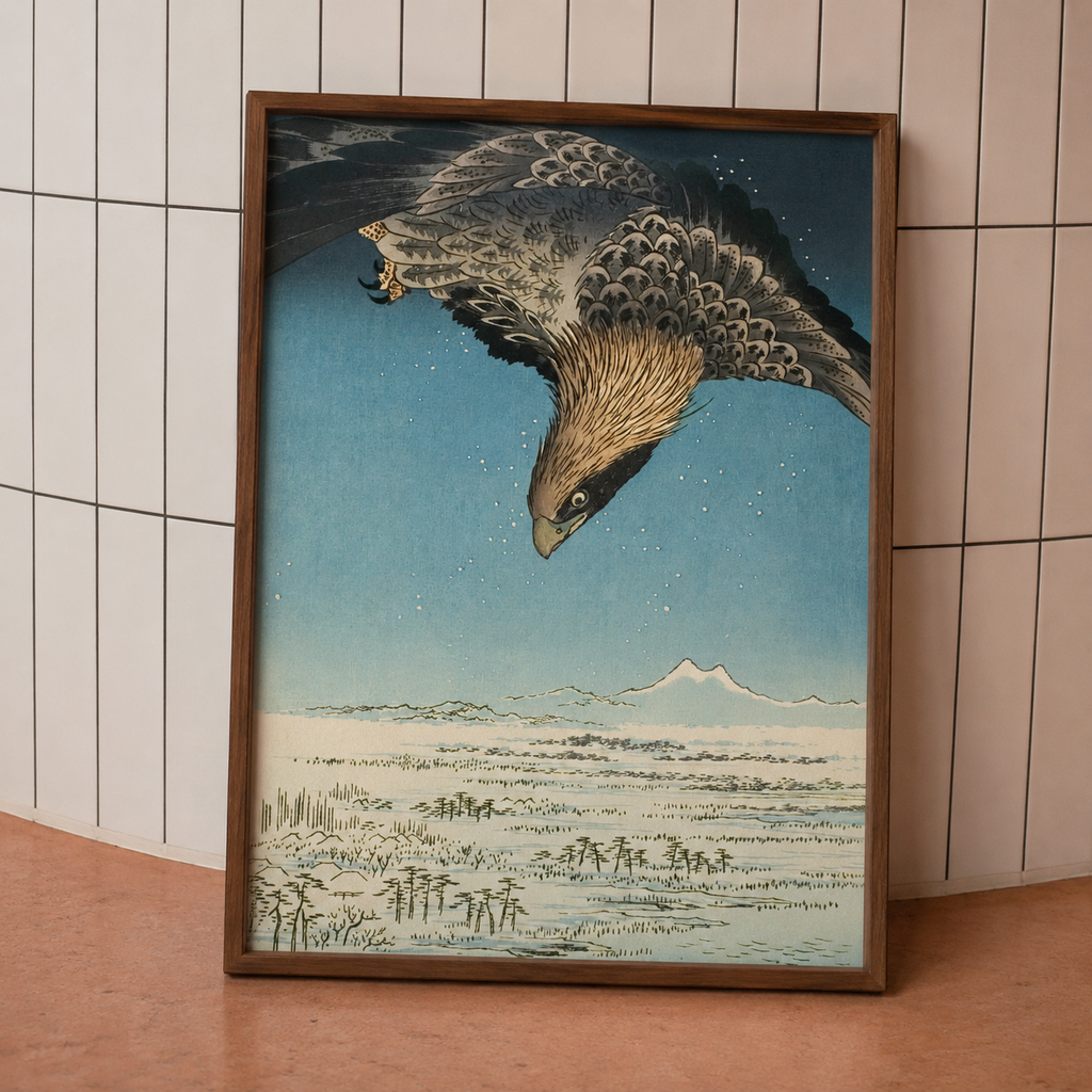 Framed artwork of a bird in flight with a mountainous landscape.