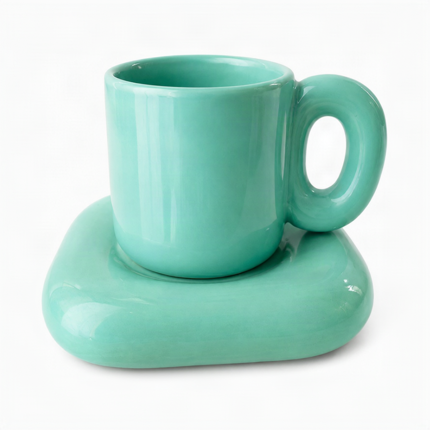 A glossy mint green ceramic coffee mug with a matching thick, rounded saucer, set against a plain white background.