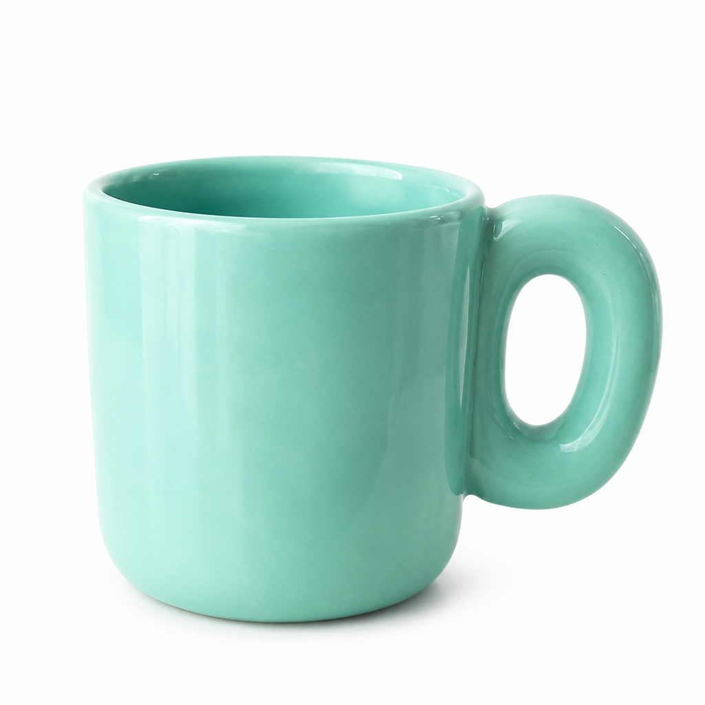 A mint green ceramic mug with a thick, rounded handle, shown on a clean white background.