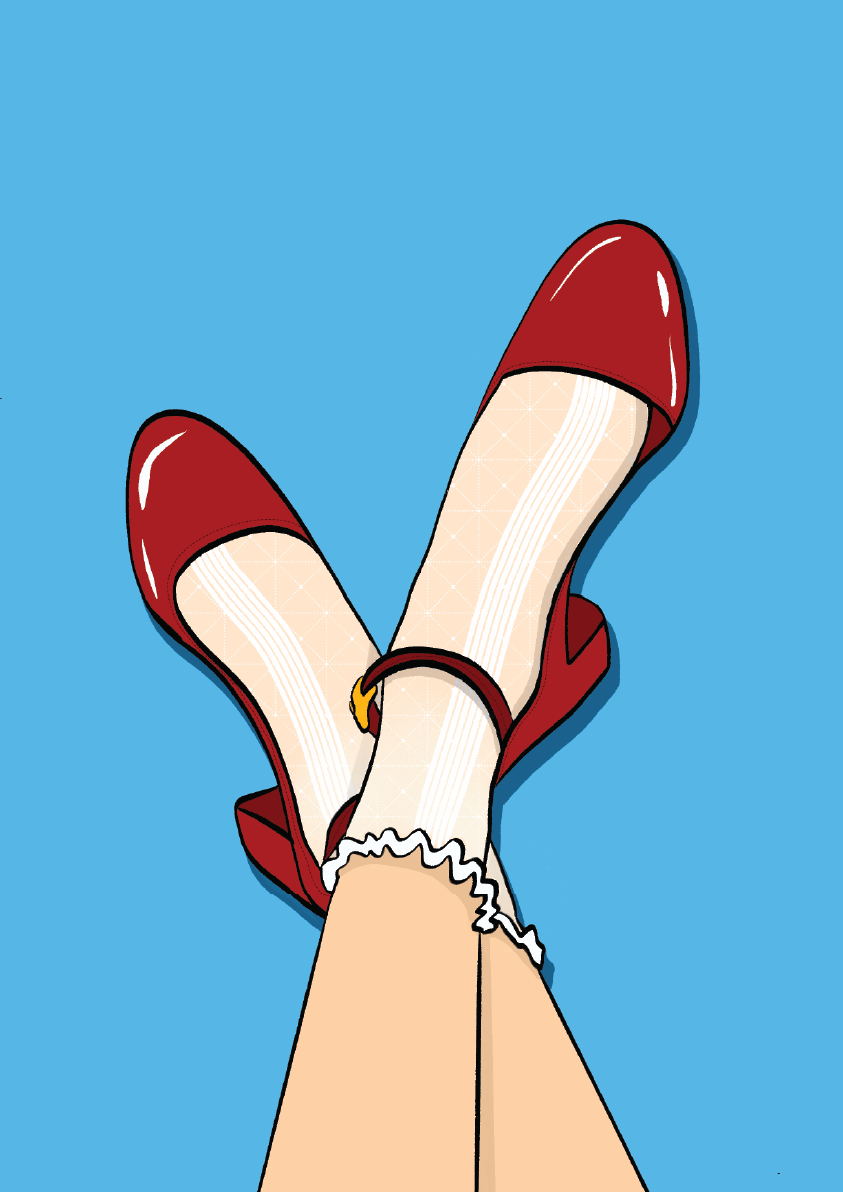 Red high heels and white stockings on a blue background