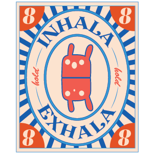 Illustrated sticker with 'INHALA EXHALA' text and a red character in the center, framed by blue and orange border.