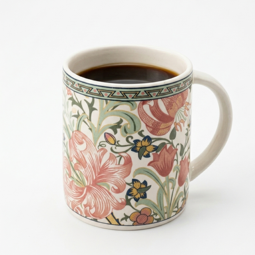 Decorative mug with floral pattern filled with coffee on a white background