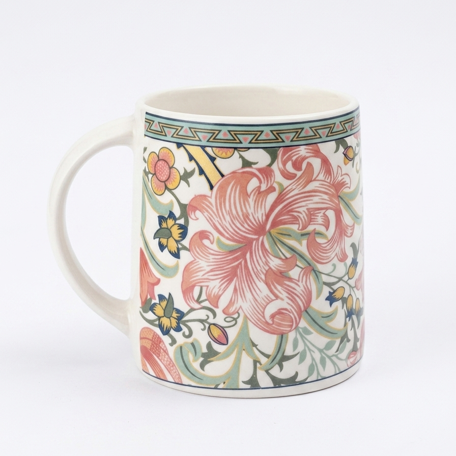 Decorative mug with floral pattern on a white background