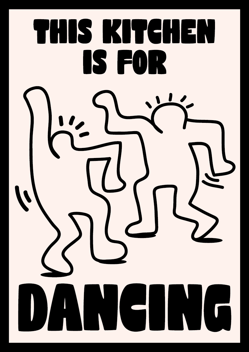 Decorative kitchen wall art with dancing figures and text 'This kitchen is for dancing' in Keith Haring style