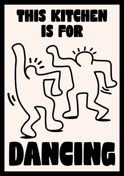 Decorative kitchen wall art with dancing figures and text 'This kitchen is for dancing' in Keith Haring style