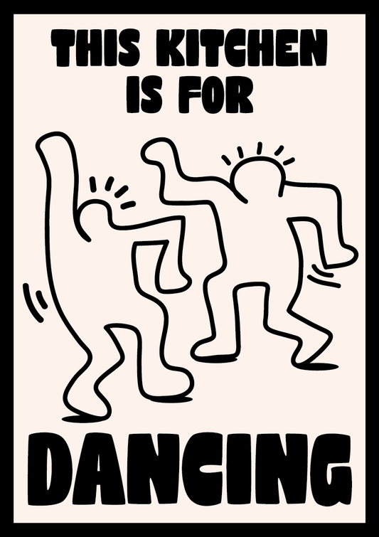 Decorative kitchen wall art with dancing figures and text 'This kitchen is for dancing' in Keith Haring style