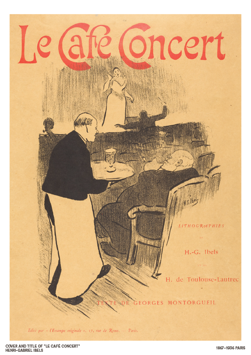 Vintage poster for 'Le Cafe Concert' with a waiter and patrons in a café setting.