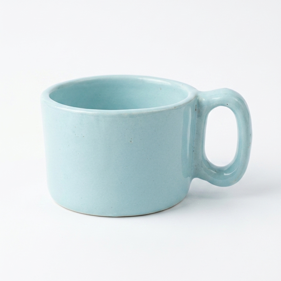 A light blue glazed ceramic mug with a rounded body and a loop handle, shown on a clean white background.