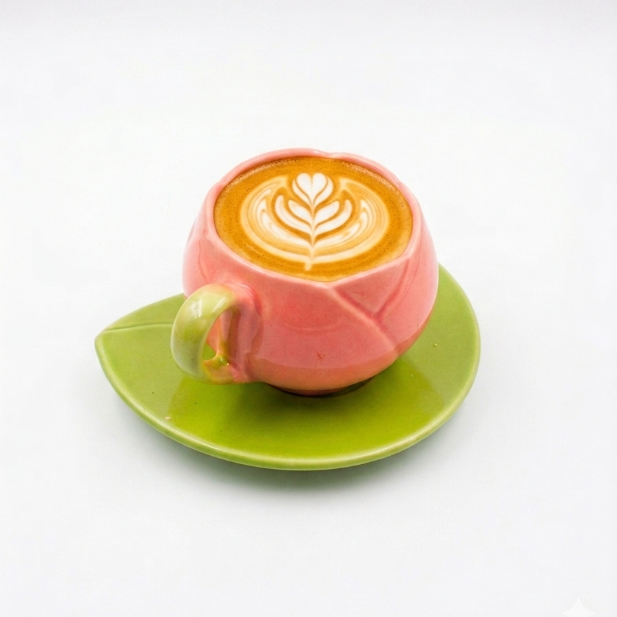 Pink ceramic coffee cup with a leaf design on a white background