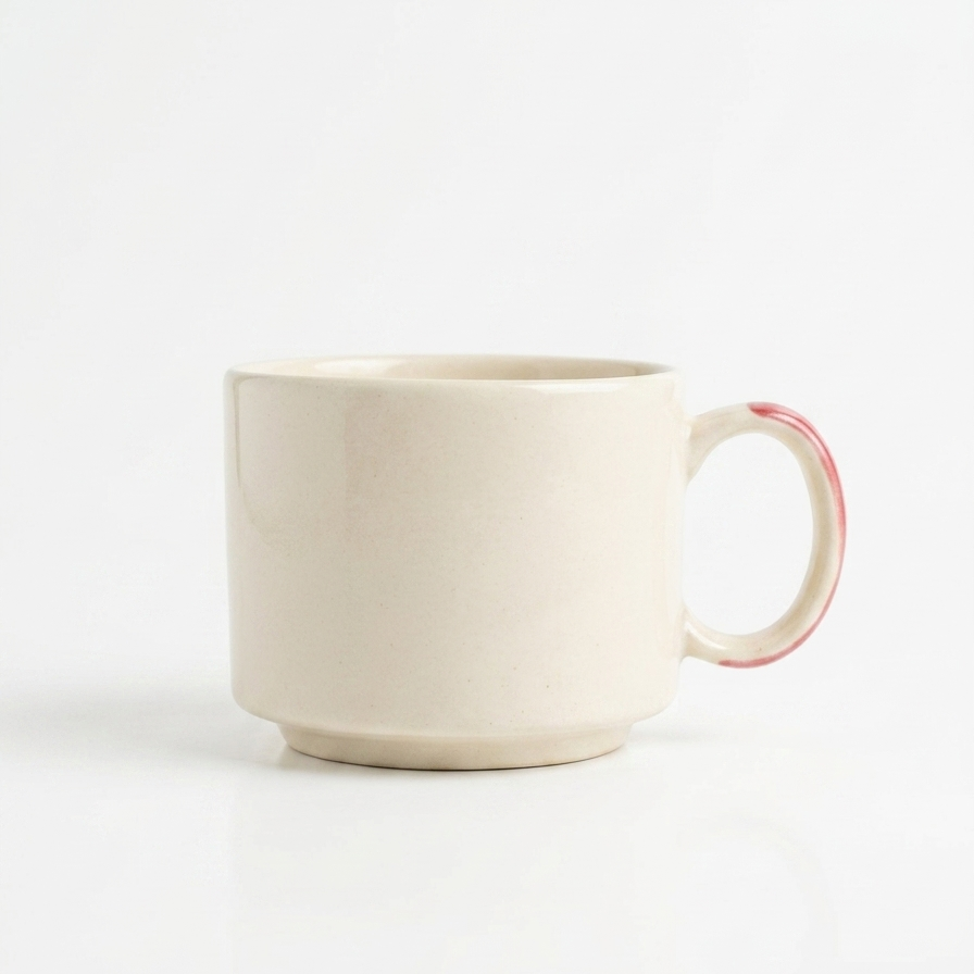 White ceramic mug with a red handle on a white background