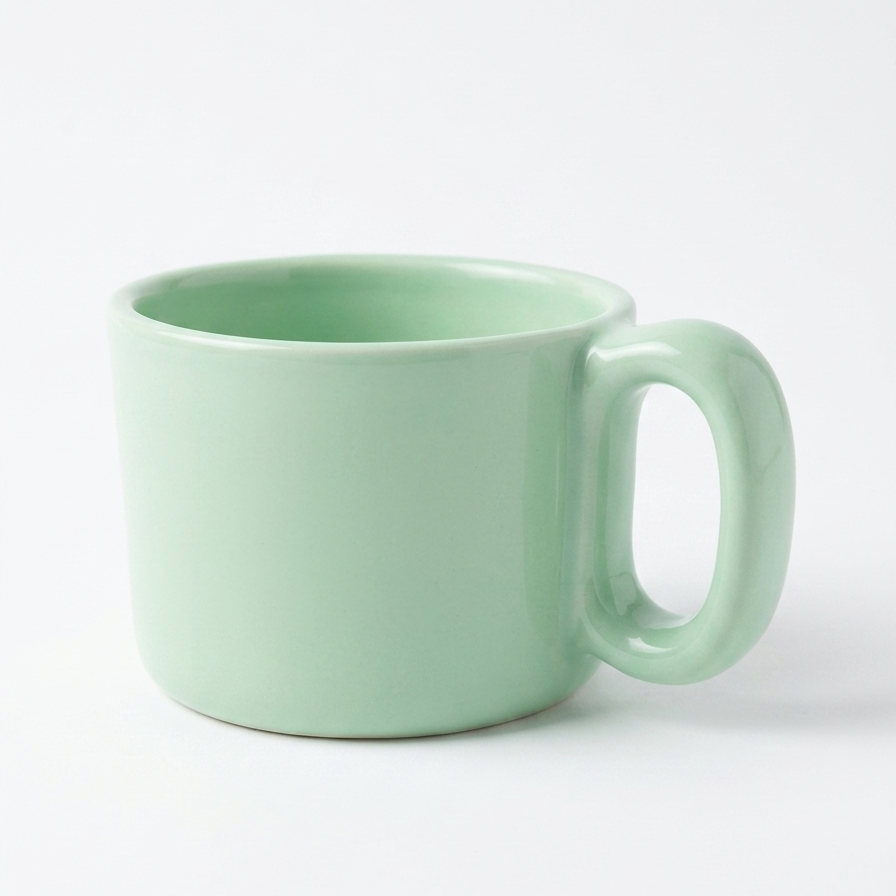 A mint green ceramic mug with a rounded body and a uniquely shaped loop handle, shown on a clean white background.