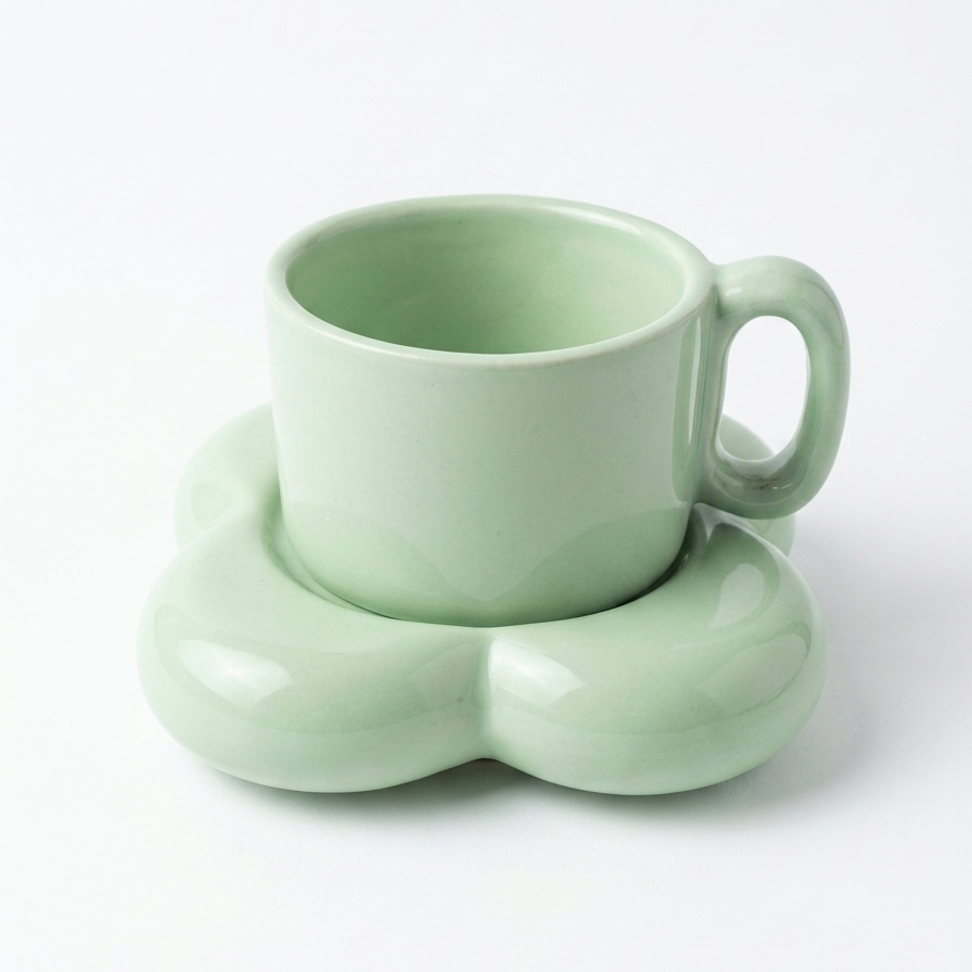 A pale mint green ceramic coffee mug with a matching sculptural, cloud-like saucer, set against a seamless white background.