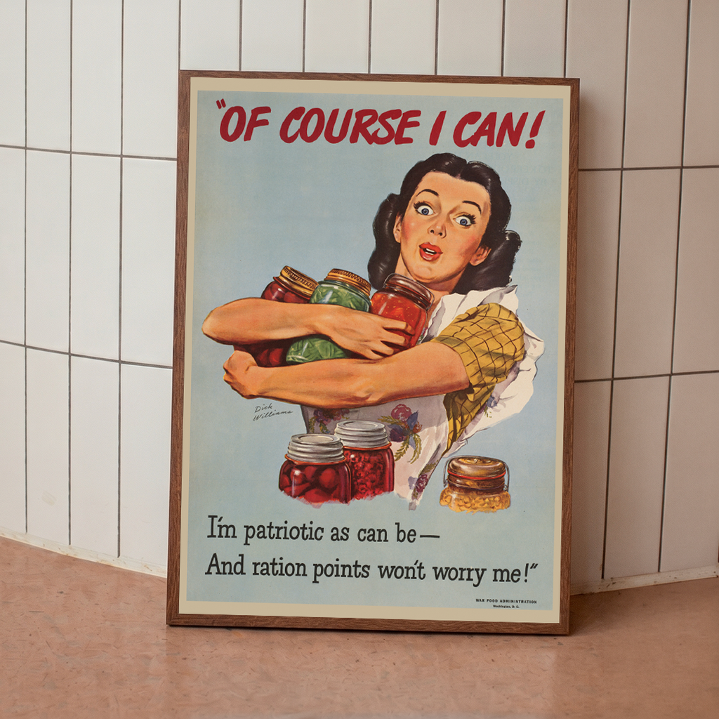 Vintage-style poster with a woman holding jars of canned goods against a tiled wall.