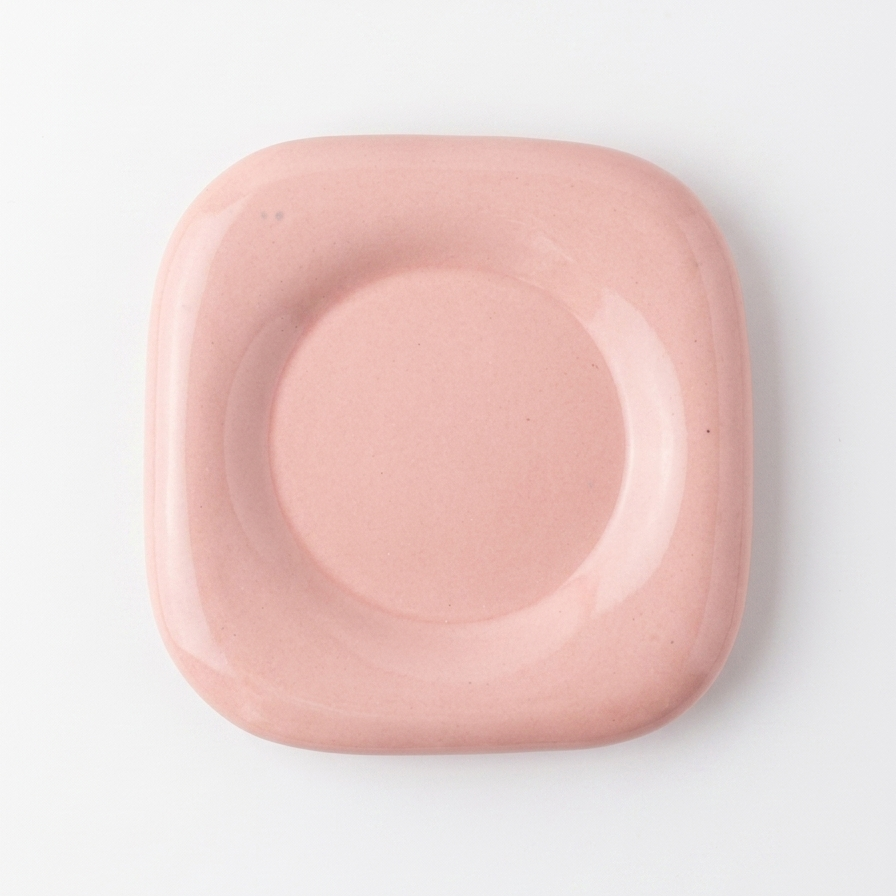 A square ceramic dish with rounded corners and a raised circular center, shown from a top-down view on a clean white background.