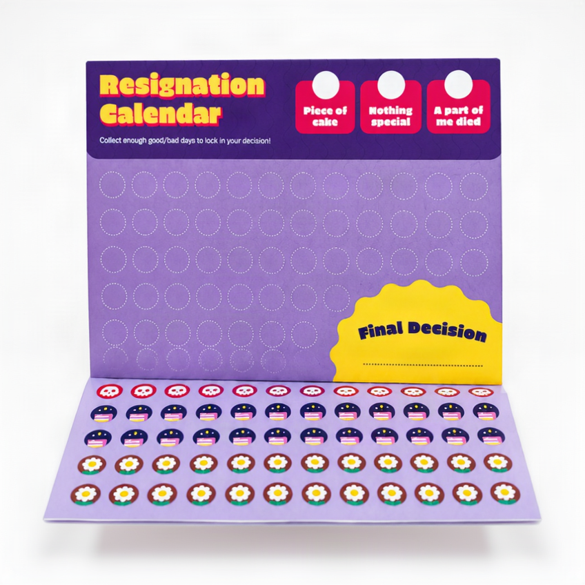A Resignation Calendar sticker kit with a purple board, yellow and red text headers, and rows of colorful round stickers on a white background.