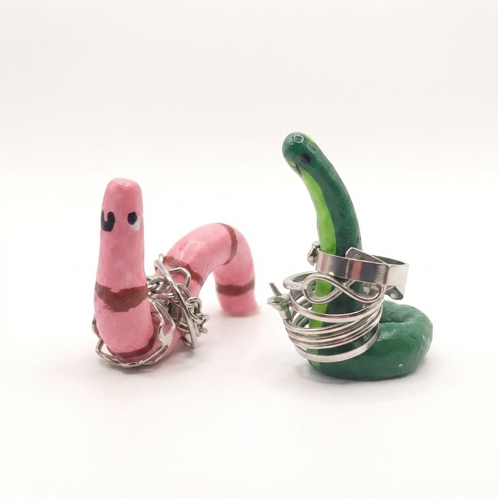 Pink and green worm-shaped keychains with silver rings on a white background