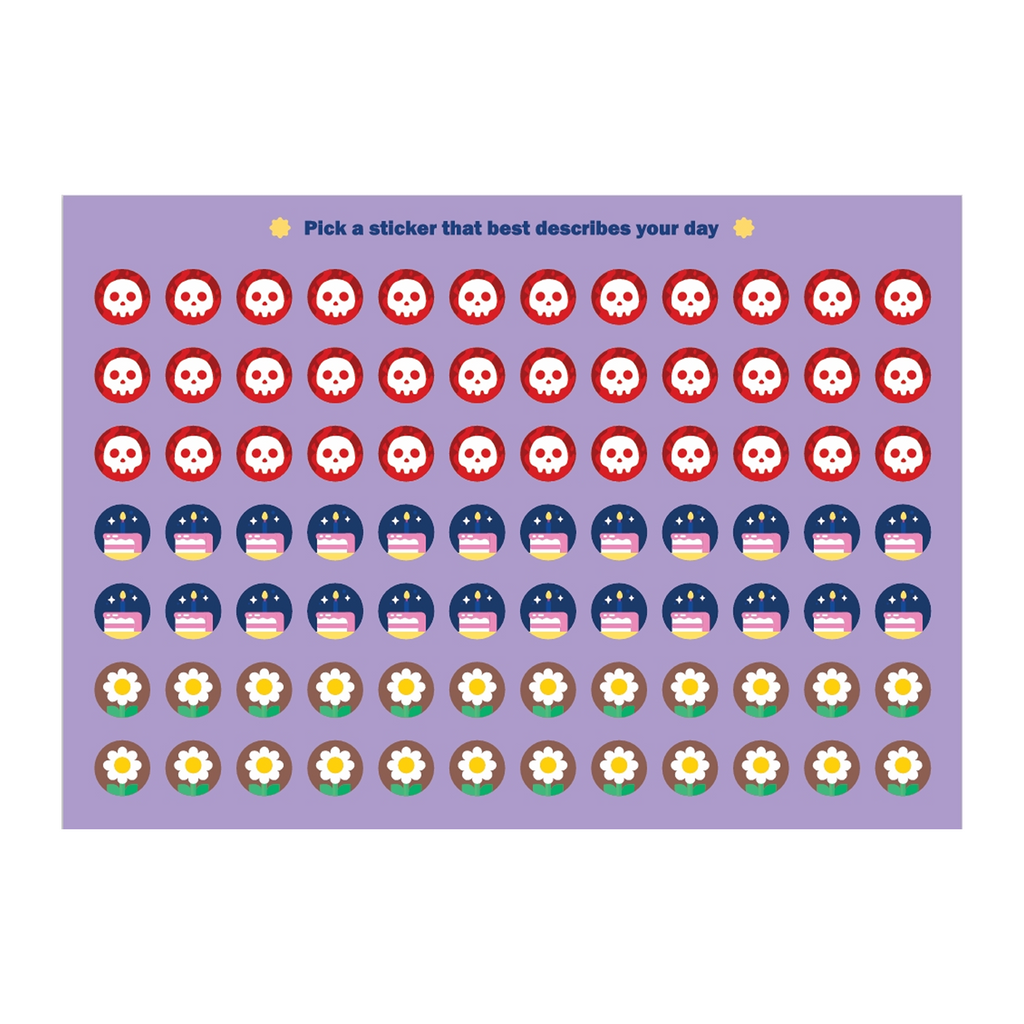 A purple sticker sheet featuring rows of cartoon-style icons: red skull faces, dark blue stars, yellow-and-white striped cupcakes, and daisies, with the text 'Pick a sticker that best describes your day' at the top.