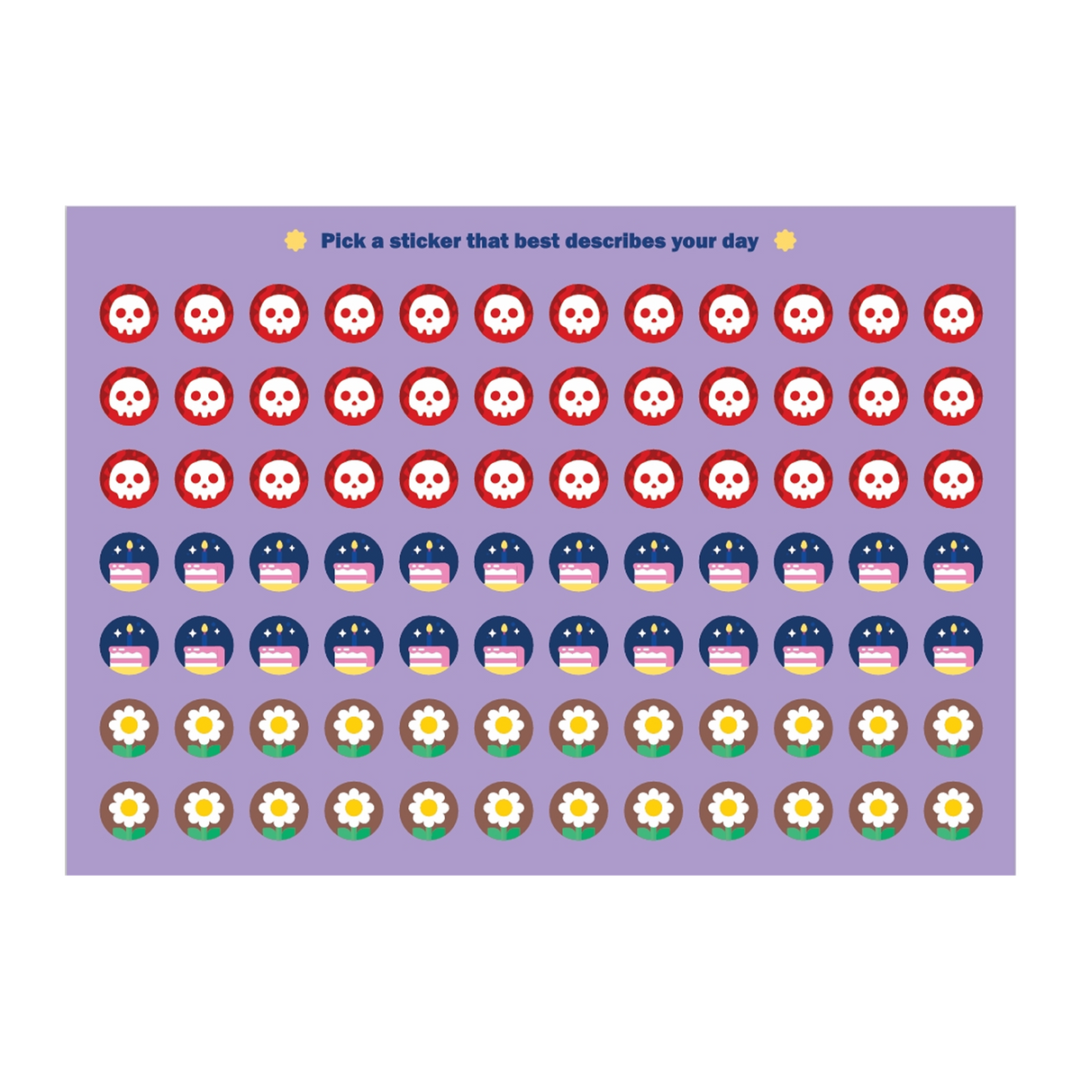 A purple sticker sheet featuring rows of cartoon-style icons: red skull faces, dark blue stars, yellow-and-white striped cupcakes, and daisies, with the text 'Pick a sticker that best describes your day' at the top.