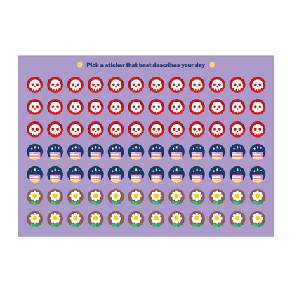 A purple sticker sheet featuring rows of cartoon-style icons: red skull faces, dark blue stars, yellow-and-white striped cupcakes, and daisies, with the text 'Pick a sticker that best describes your day' at the top.