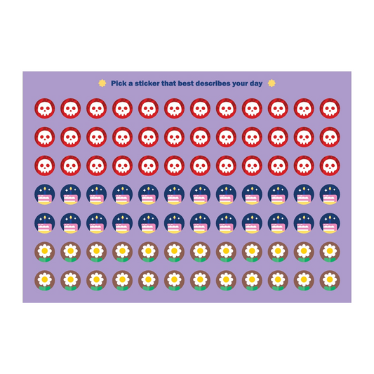 A purple sticker sheet featuring rows of cartoon-style icons: red skull faces, dark blue stars, yellow-and-white striped cupcakes, and daisies, with the text 'Pick a sticker that best describes your day' at the top.