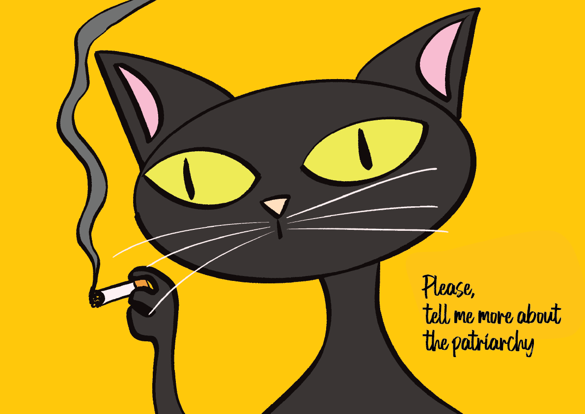 Illustration of a black cat smoking a cigarette on a yellow background with text.
