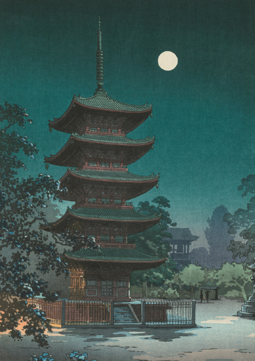 Traditional Japanese pagoda under a full moon in a serene landscape vintage poster