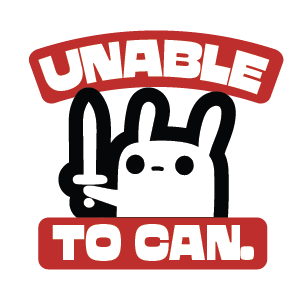 Cartoon character sticker with crossed swords and 'UNABLE TO CAN' text on a white background