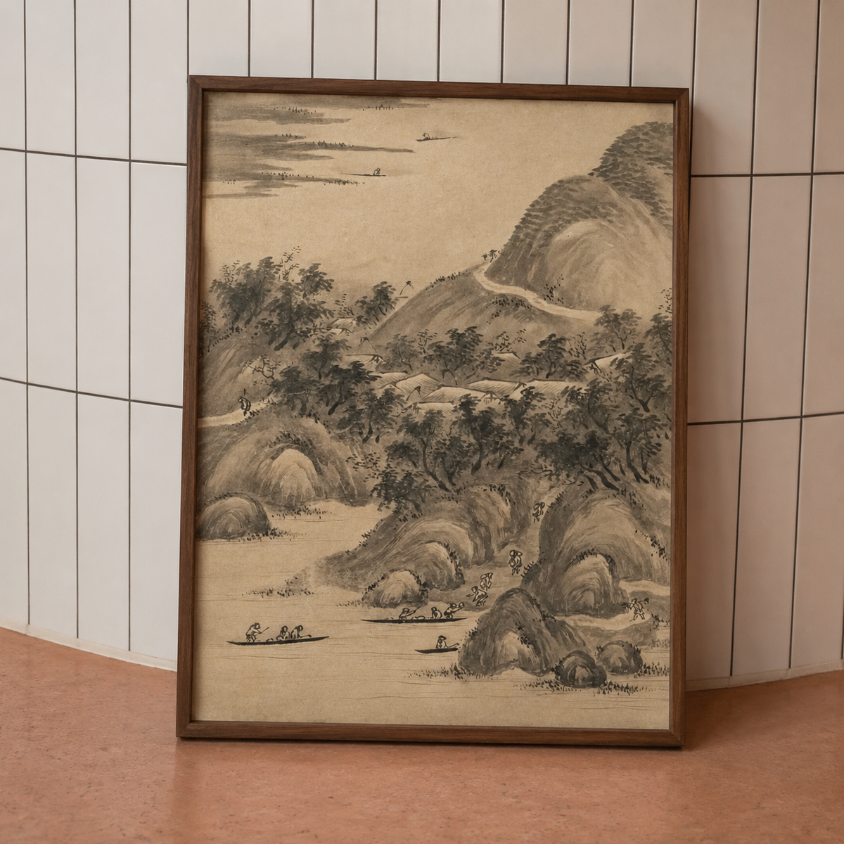 Framed landscape painting with mountains and boats on a tiled wall.