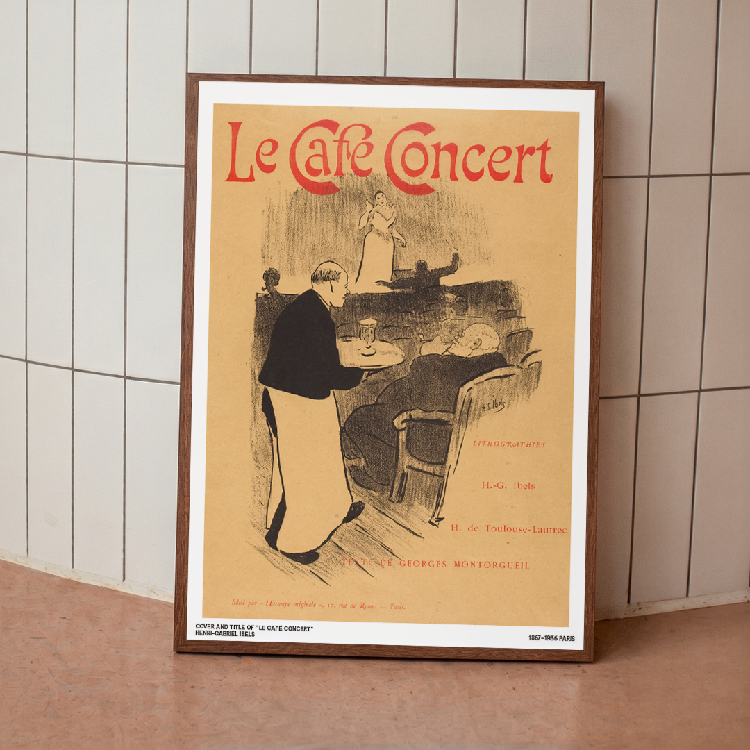 Framed poster of 'Le Cafe Concert' with a vintage design on a tiled wall.