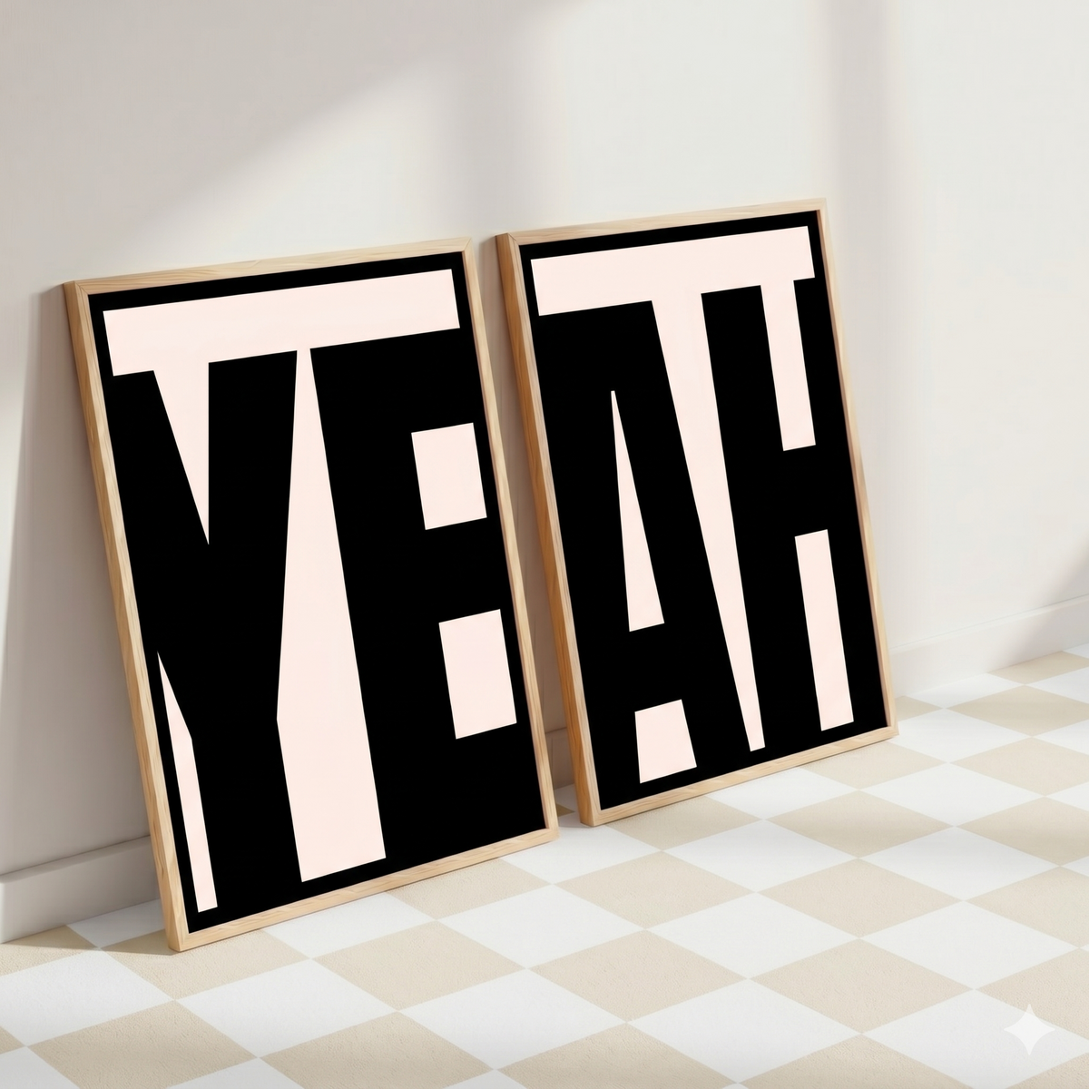 Two framed artworks with the word 'yeah' on a checkered floor.
