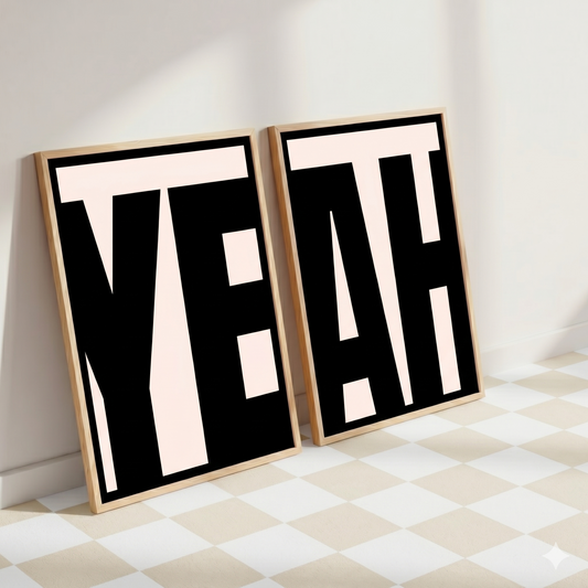 Two framed artworks with the word 'yeah' on a checkered floor.