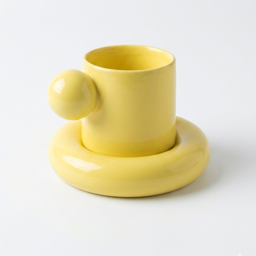 Yellow ceramic cup with a unique design on a white background