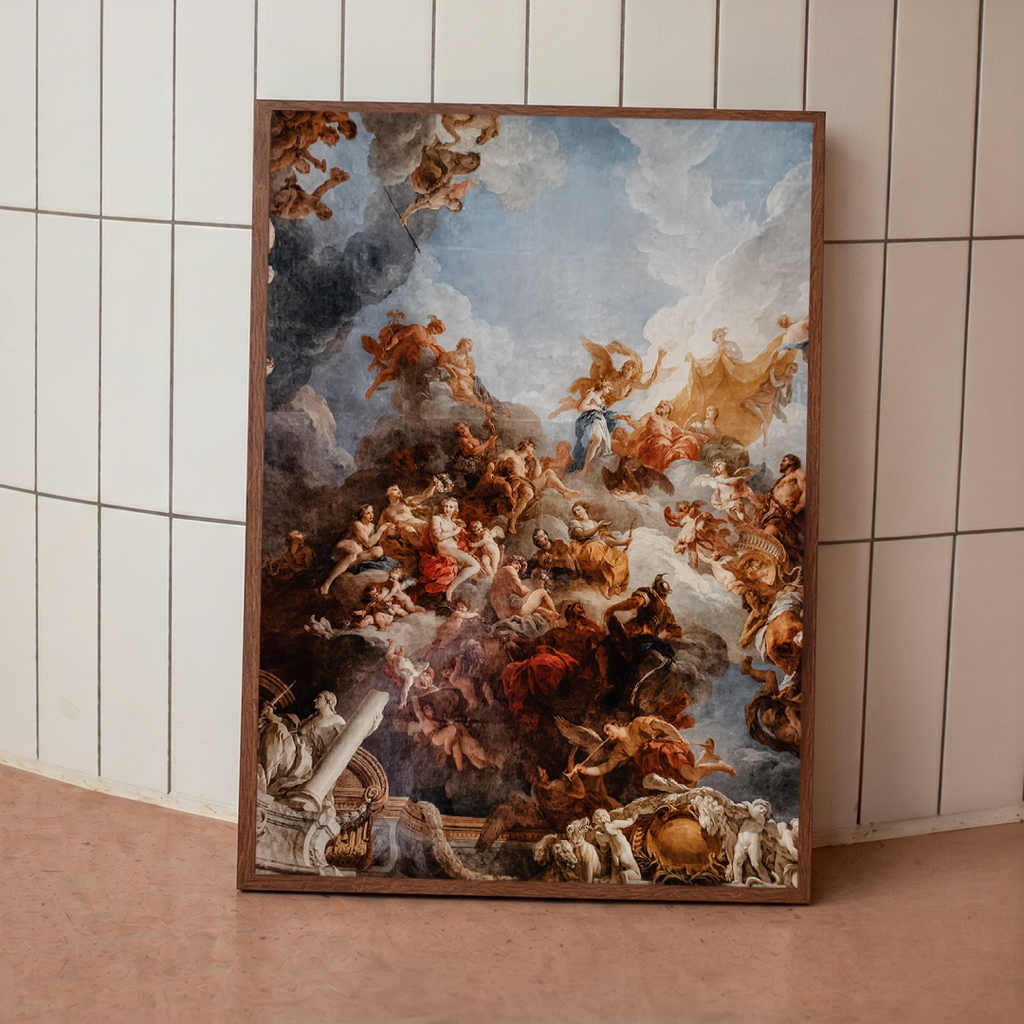 Framed classical painting on a tiled wall